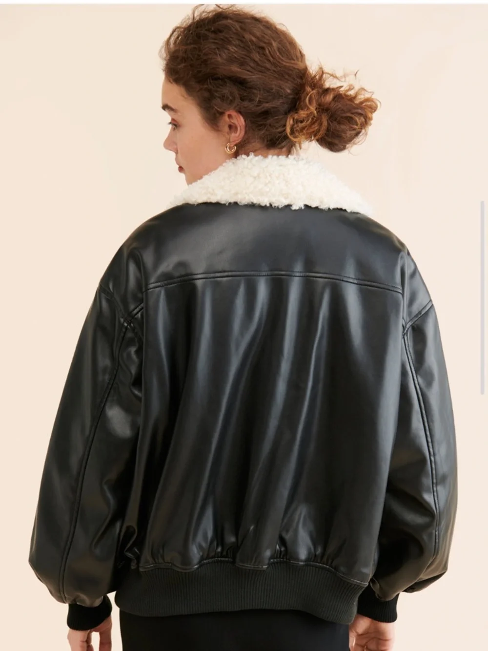 WeWoreWhat Black Faux Leather Bomber Jacket with Cream Shearling Collar - Picture 2 of 4